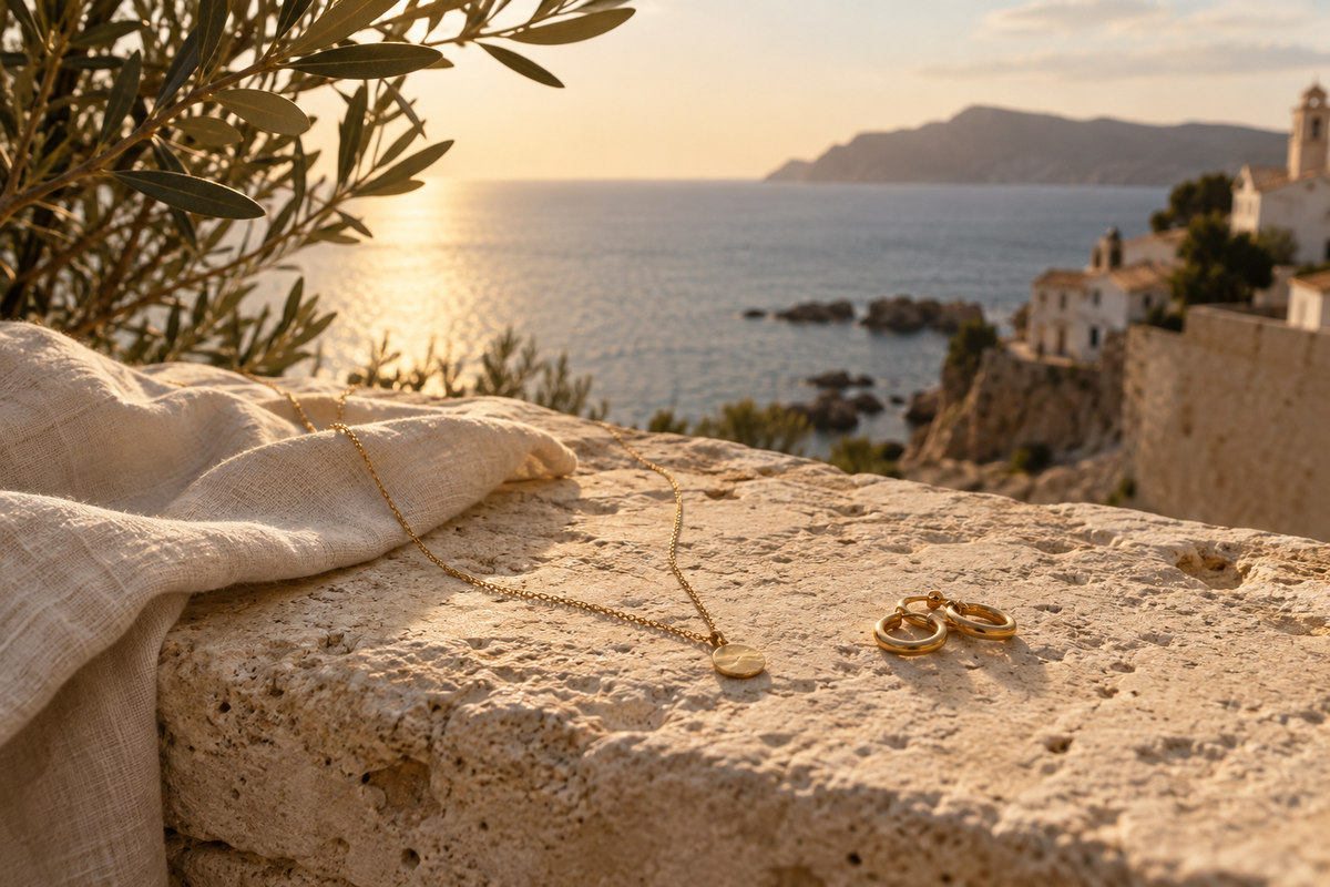 Joyas doradas sobre piedra junto al mar al atardecer
