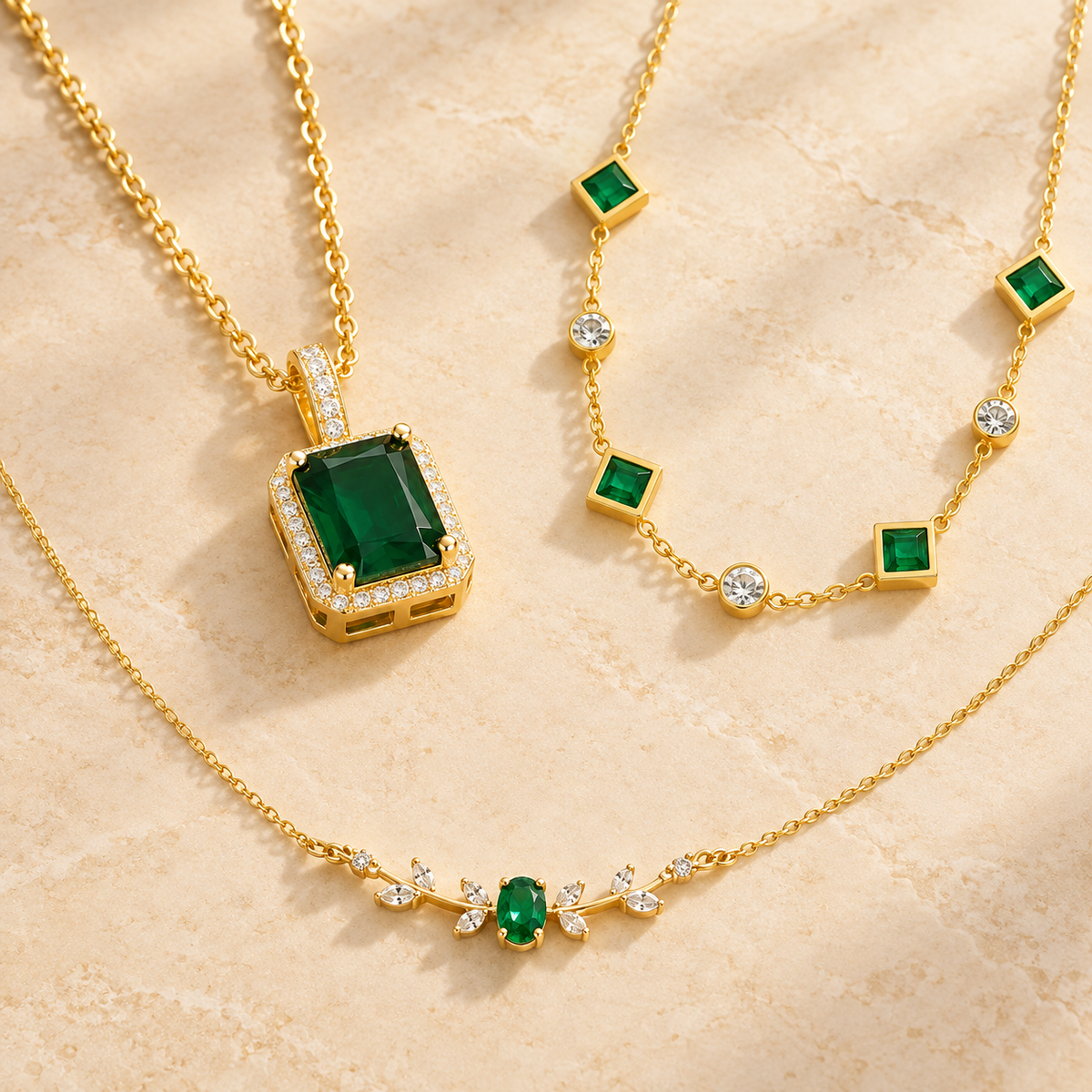 Selección de joyas de la colección EMERALD NECKLACES de Aura del Sol