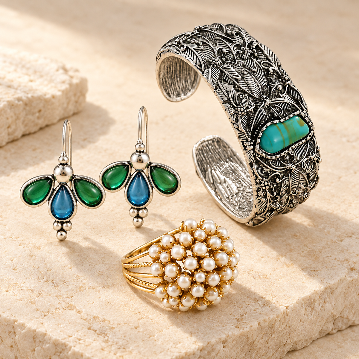 Selección de pendientes, anillo de perlas y pulsera de turquesa de Aura del Sol