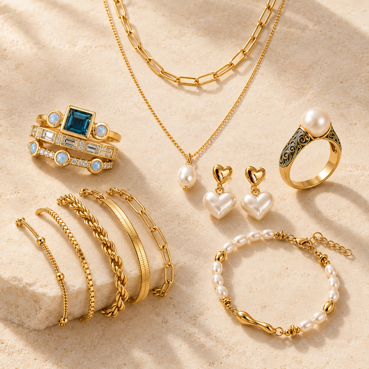 Conjuntos de joyas de Aura del Sol: perlas, anillos y pulseras doradas