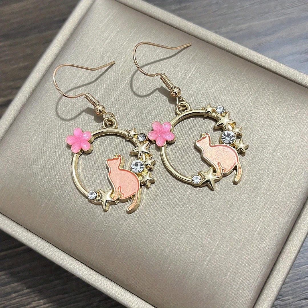 Pendientes colgantes de gato floral y estrella