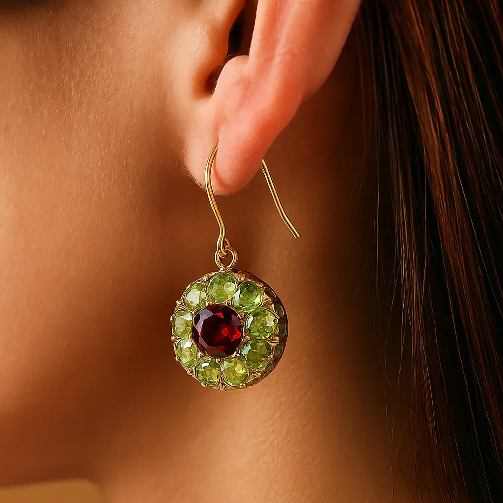 Aretes retro redondos de cristal en verde y rojo