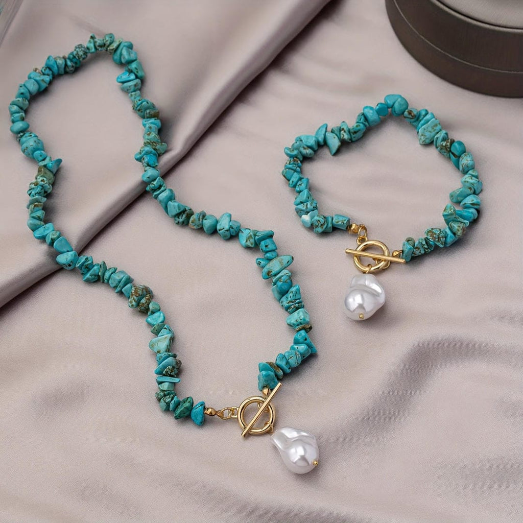 Conjunto de collar y pendientes de perlas con cuentas estilo boho
