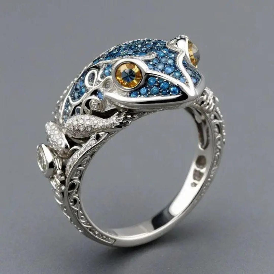 Anillo vintage de rana azul brillante en plata