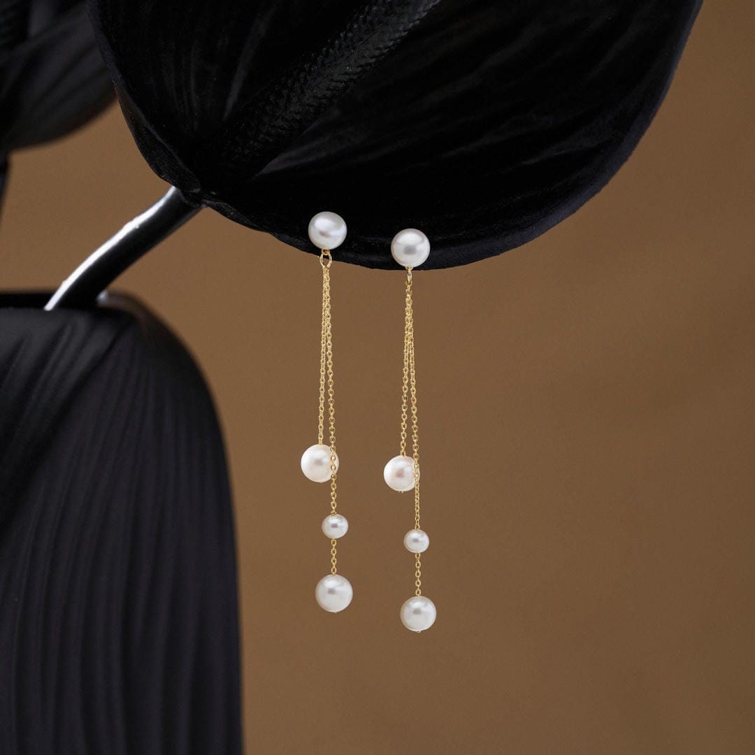 Pendientes colgantes de tres perlas en cadena