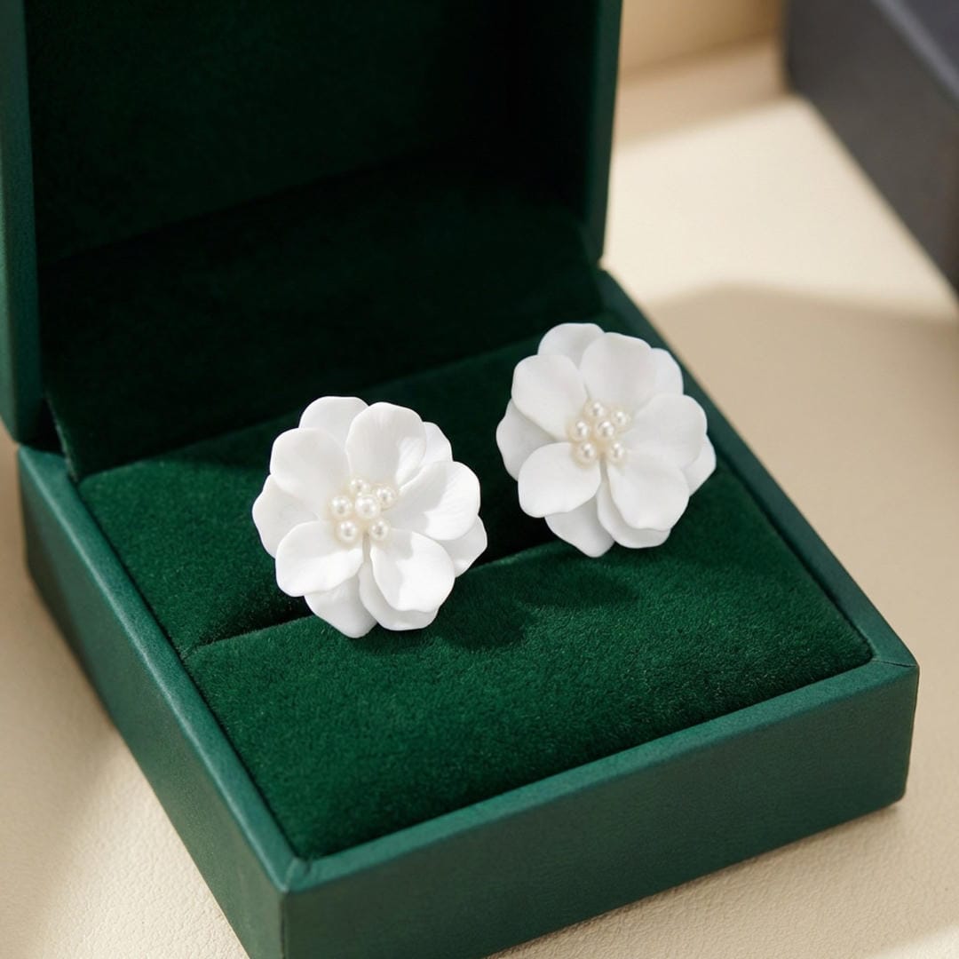 Pendientes de botón con perlas y flores blancas