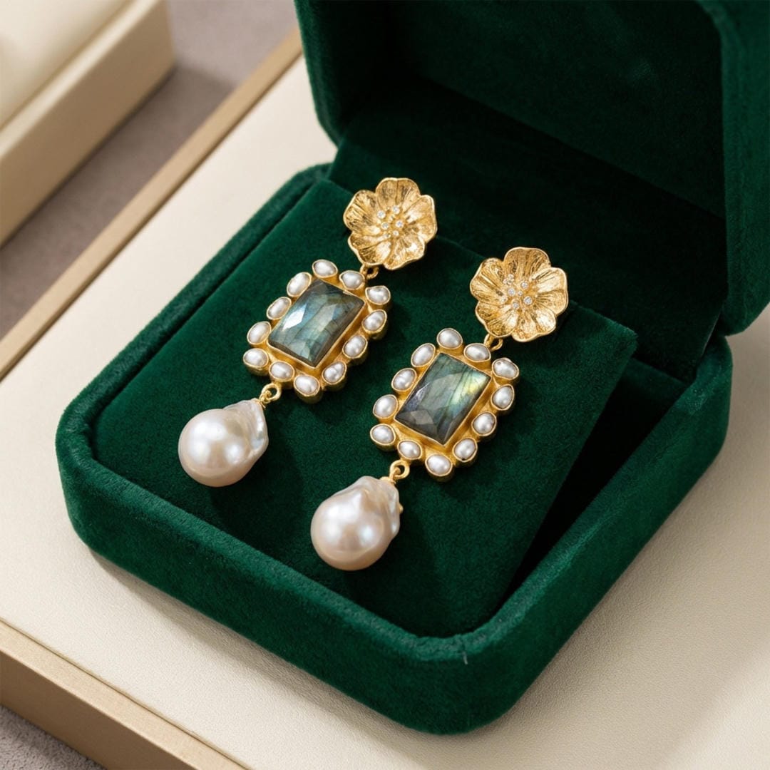 Pendientes llamativos de perlas con halo floral
