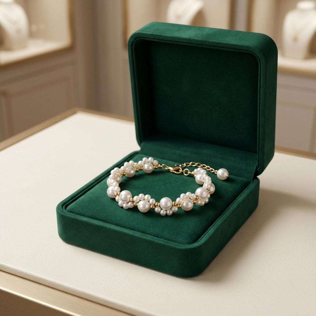 Pulsera de cadena con racimo de perlas y flores