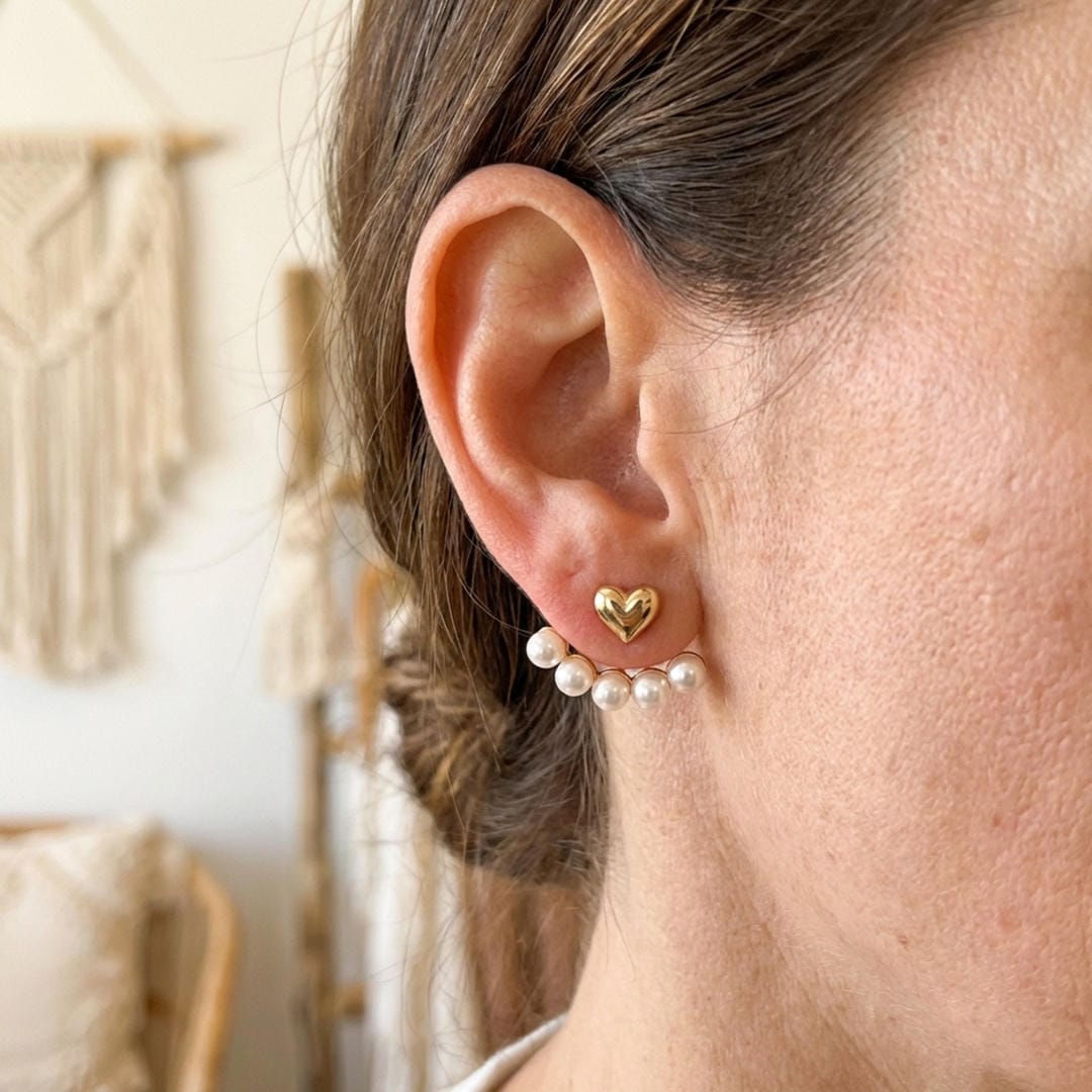 Aretes de corazón con aretes de chaqueta de perlas