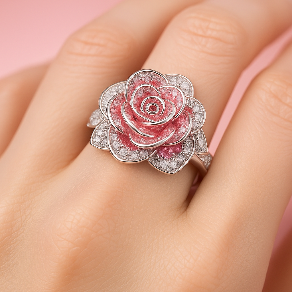 Anillo de plata con flor exótica rosa