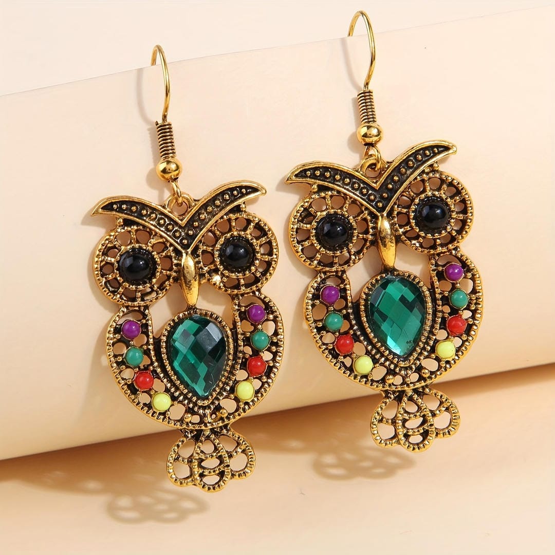 Pendientes colgantes vintage de búho con gema