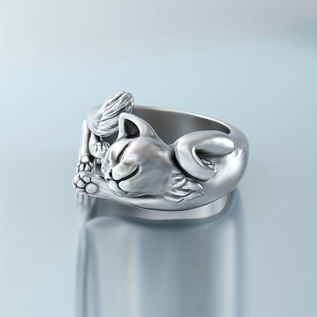 Anillo ajustable de gato dormido de plata