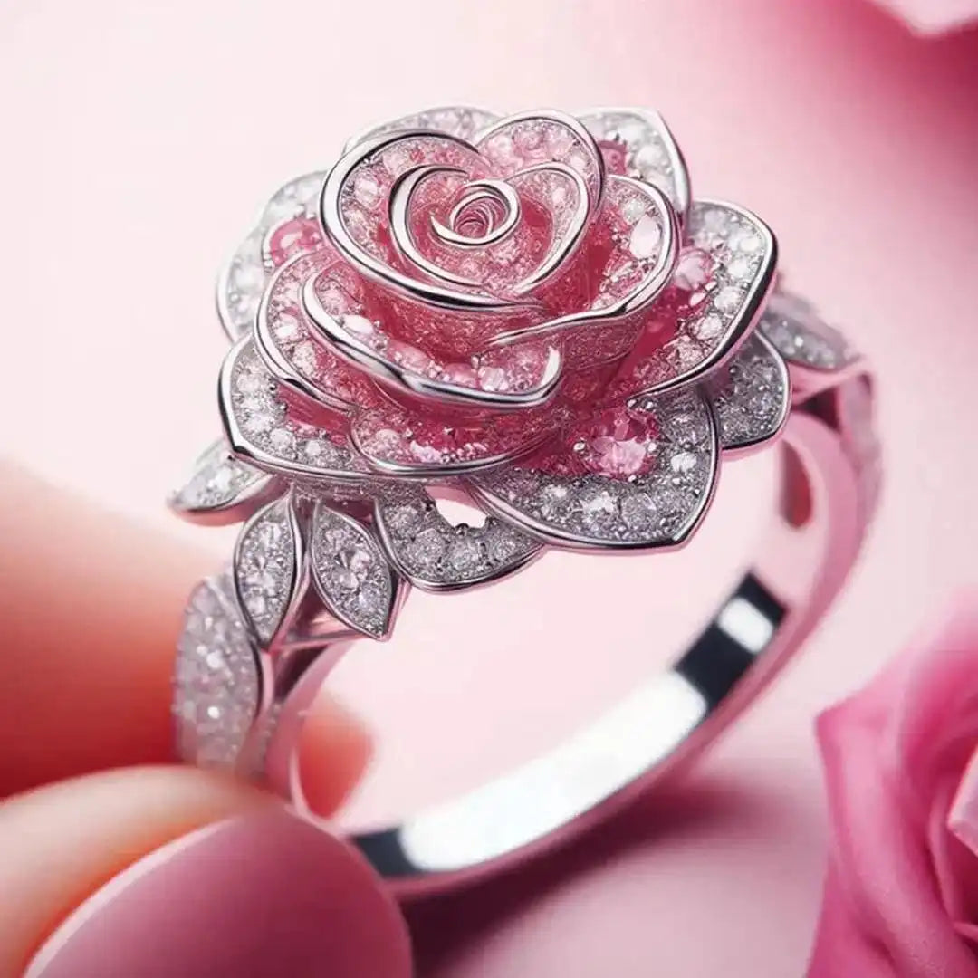 Anillo de plata con flor exótica rosa