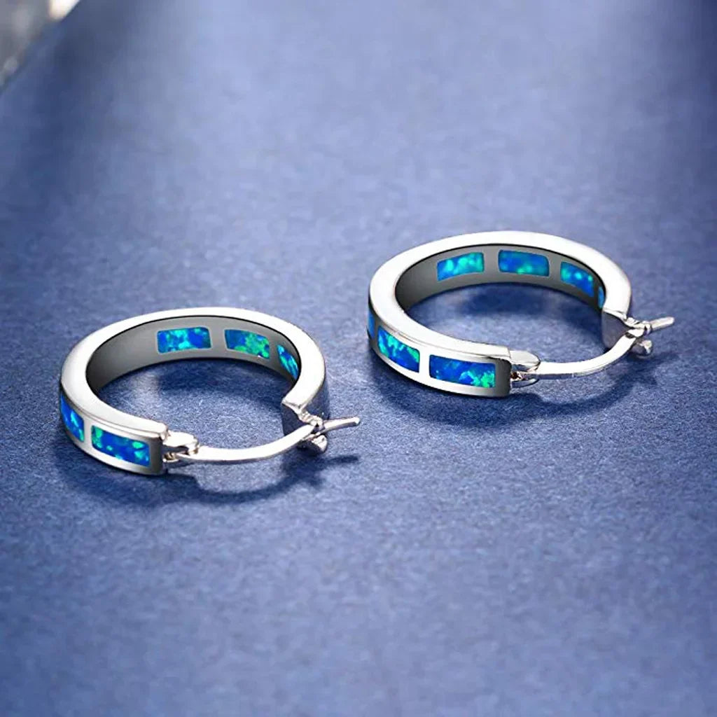 Pendientes de aro circulares de ópalo de fuego azul elegantes