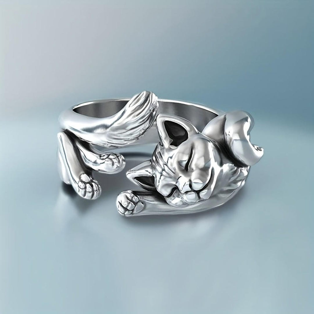Anillo ajustable de gato dormido de plata