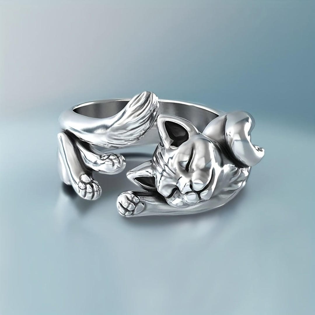 Anillo ajustable de gato dormido de plata