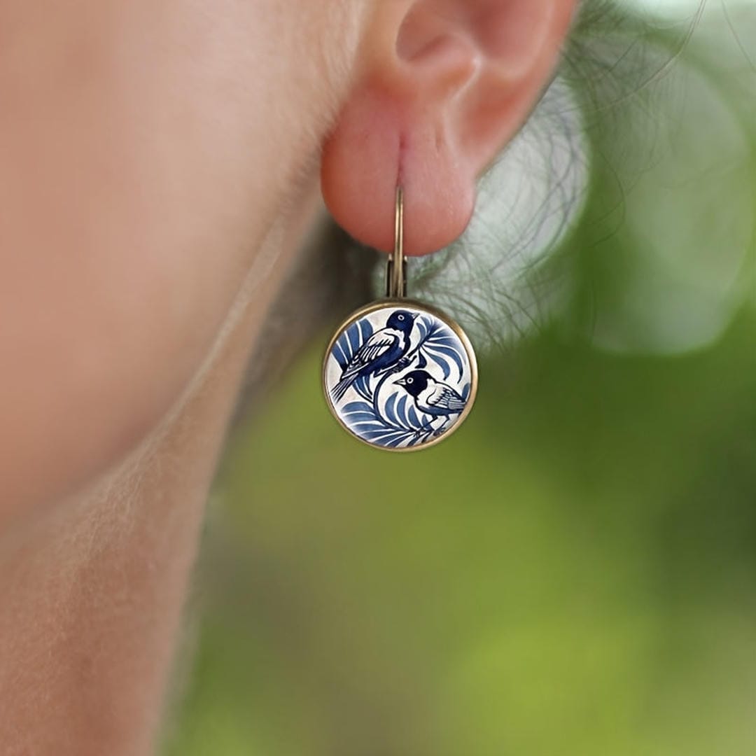Pendientes redondos colgantes de botánica de aves