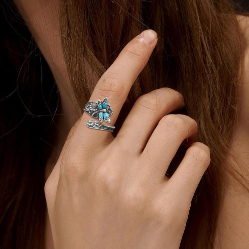 Anillo ajustable de libélula con turquesa de plata