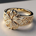 Anillo de Oro con Zirconia y Diseño Floral Exótico