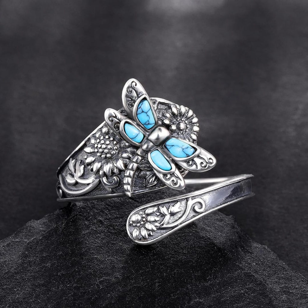 Anillo ajustable de libélula con turquesa de plata