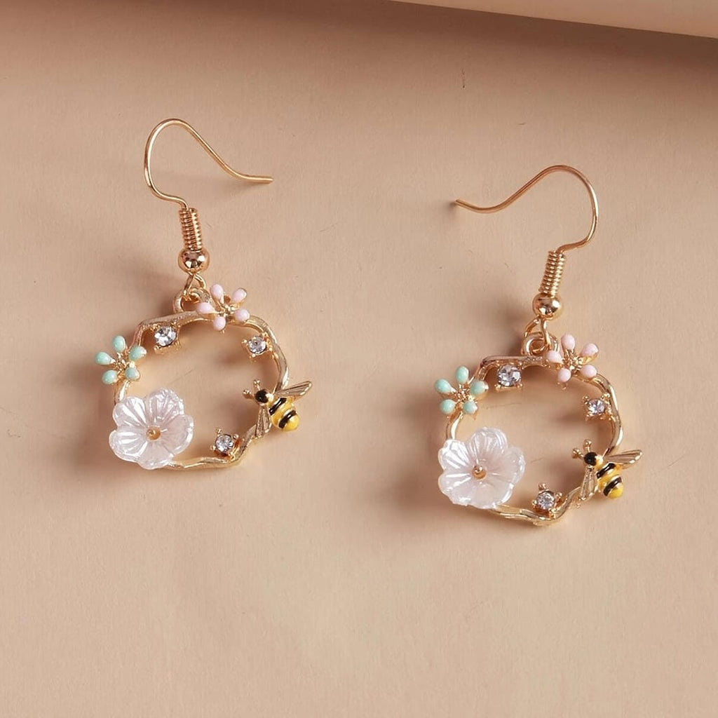 Pendientes de Oro con Motivo de Abeja y Flor