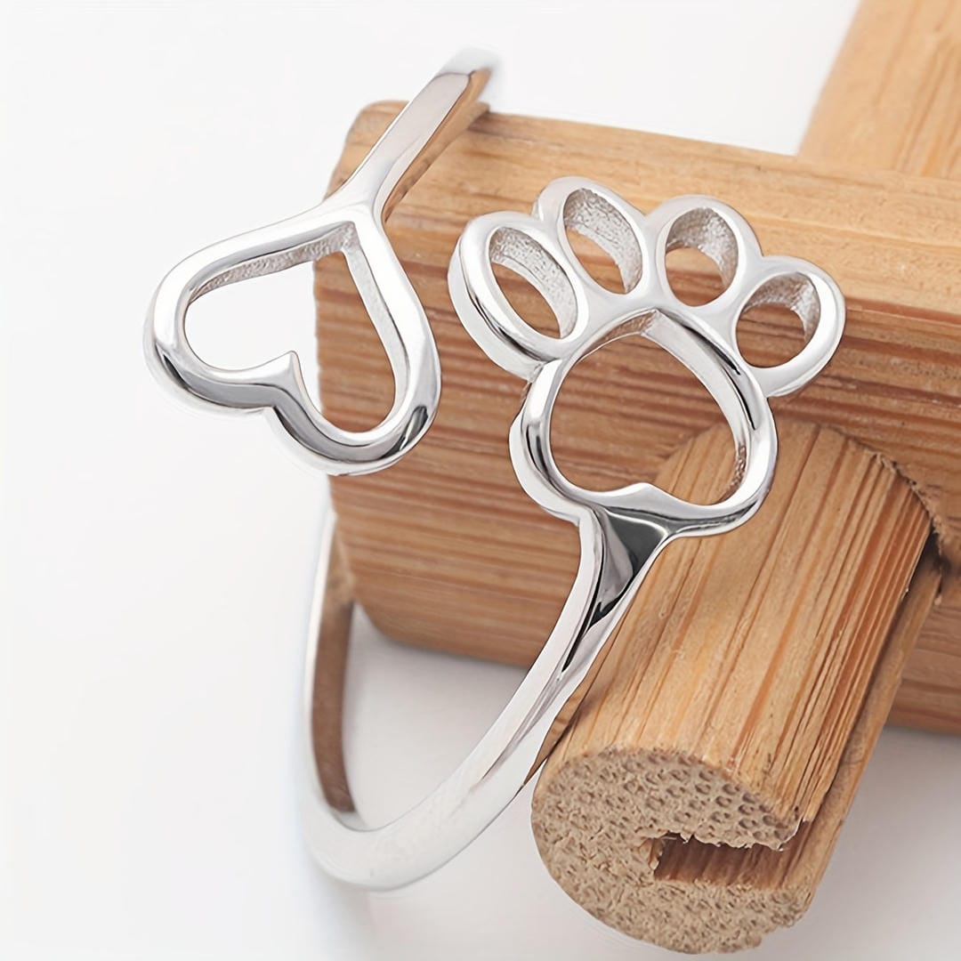 Anillo Ajustable de Huella de Perro y Corazón