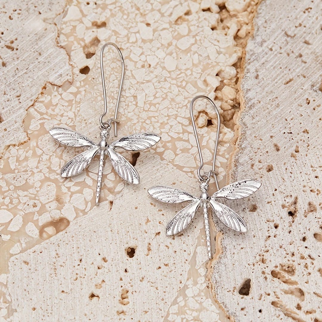 Pendientes de gota minimalistas de libélula plateada