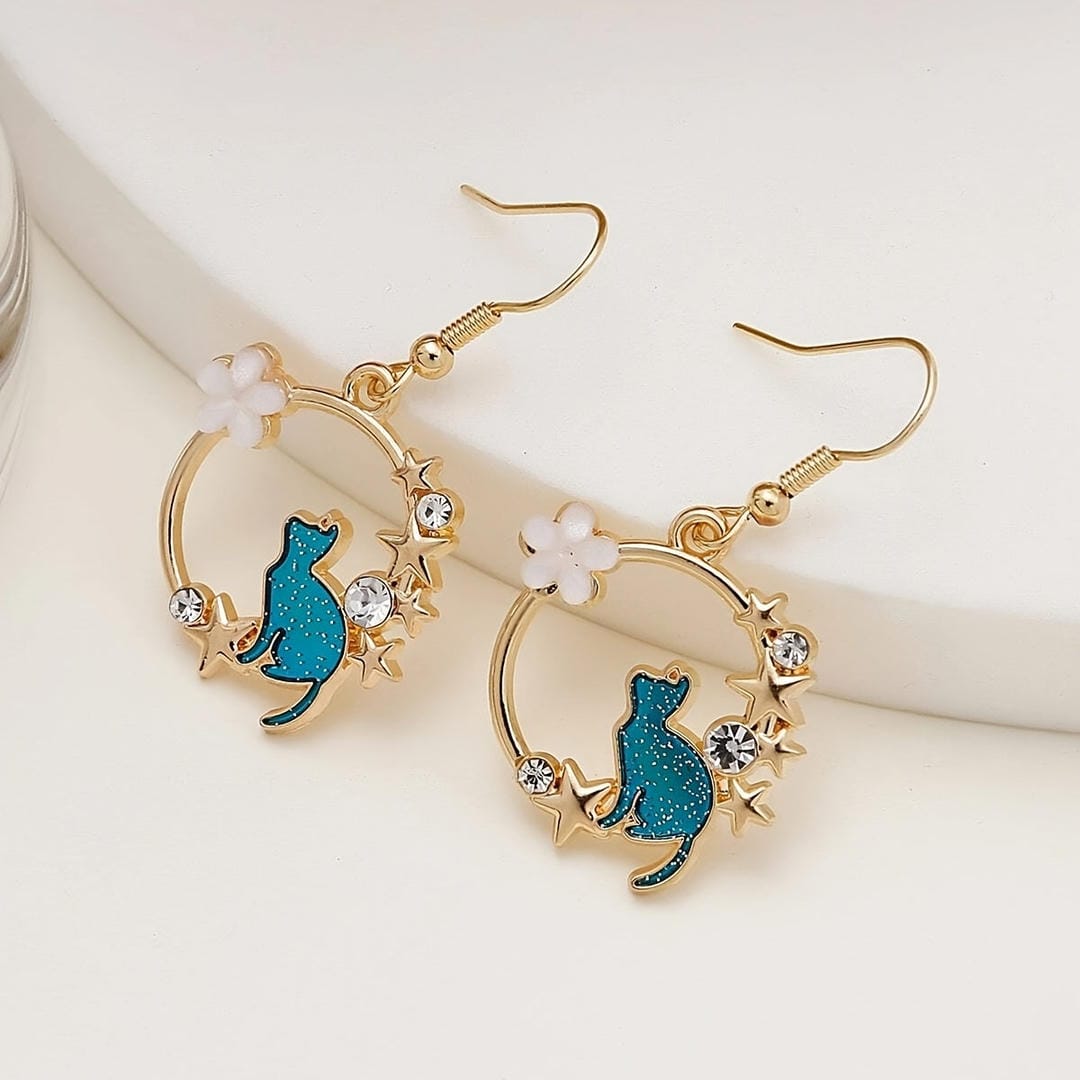 Pendientes colgantes de gato floral y estrella