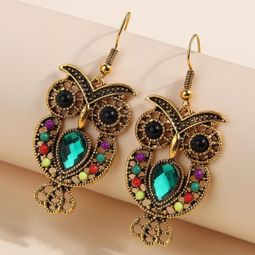 Pendientes colgantes vintage de búho con gema
