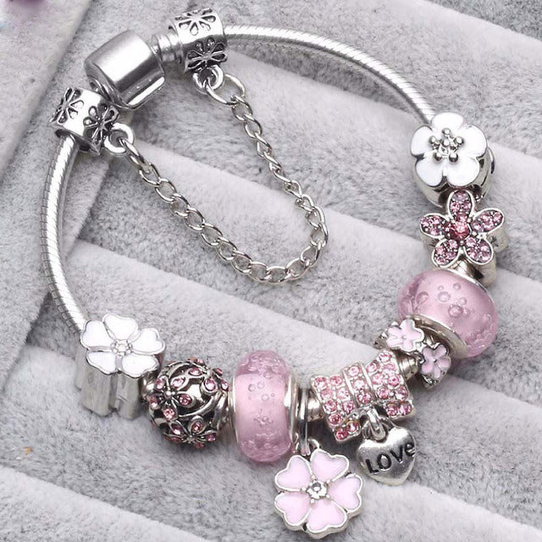 Elegante pulsera plateada rosa vintage