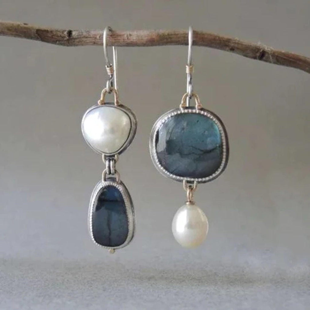 Pendientes vintage de perlas y piedra azul
