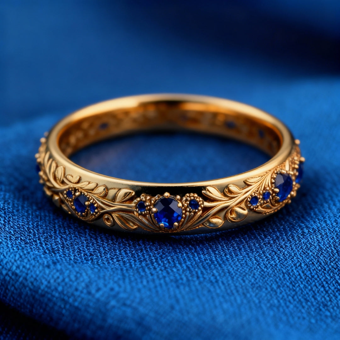 Anillo exótico de circonitas azules finas con forma de hoja