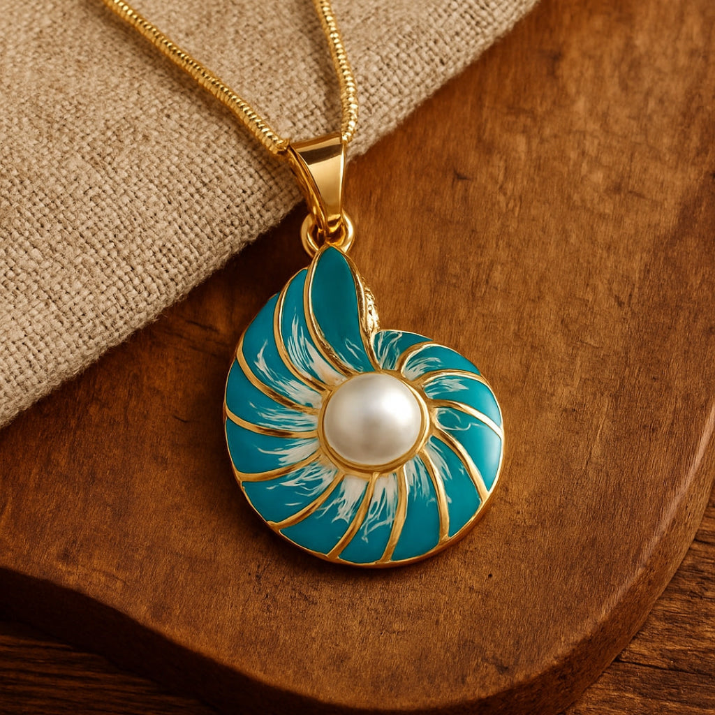 Collar de perlas y conchas azules