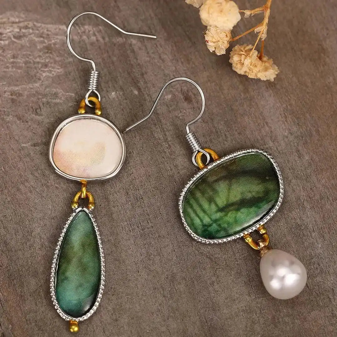 Pendientes de Piedra Verde y Blanca Estilo Vintage