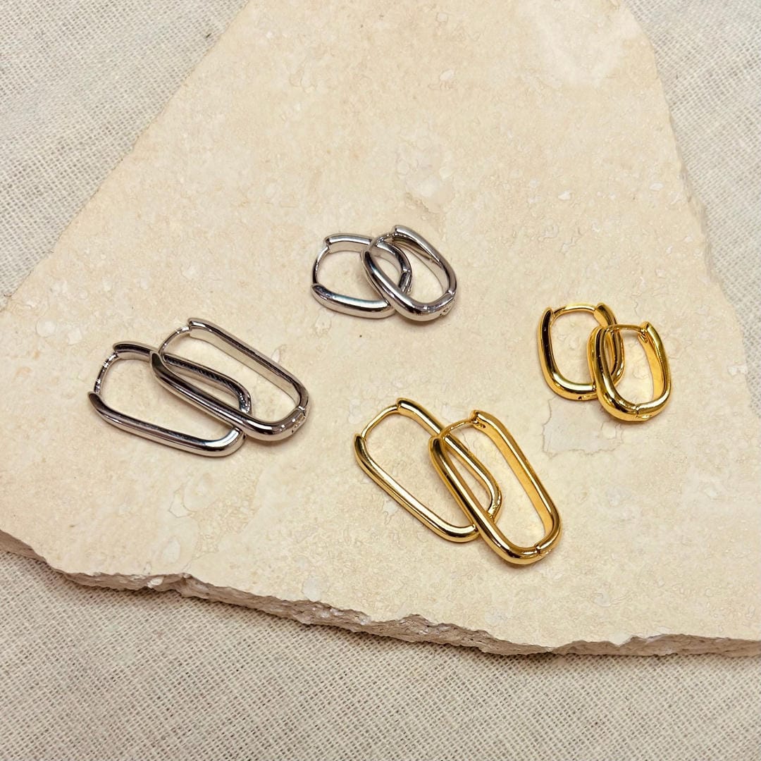 Juego de 2 pares de aretes de aro ovalados de uso diario, oro y plata