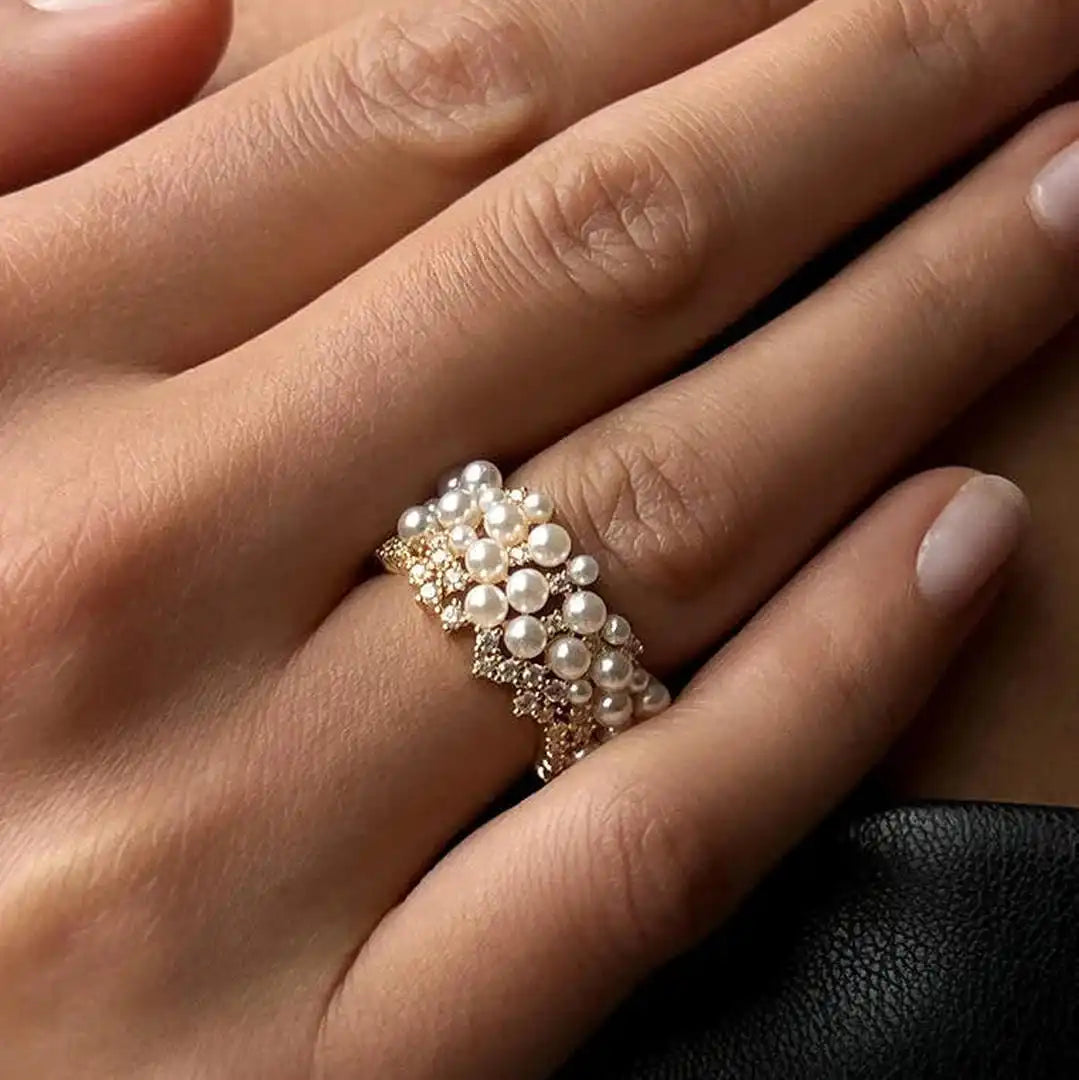 Anillo Vintage Ajustable de Perlas y Circonitas