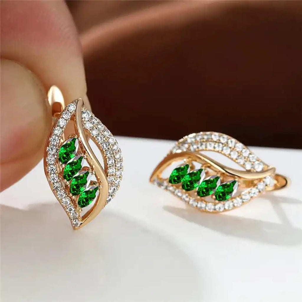 Pendientes de cristal de esmeralda de hoja brillante