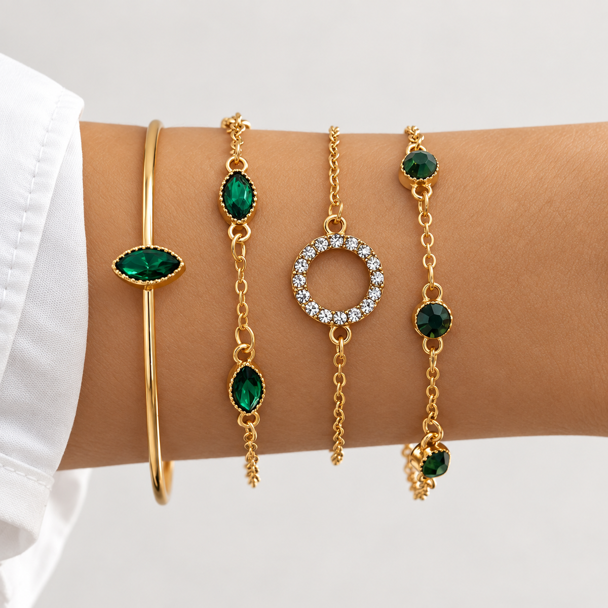 Emerald Crystal Gold Bracelet Set
