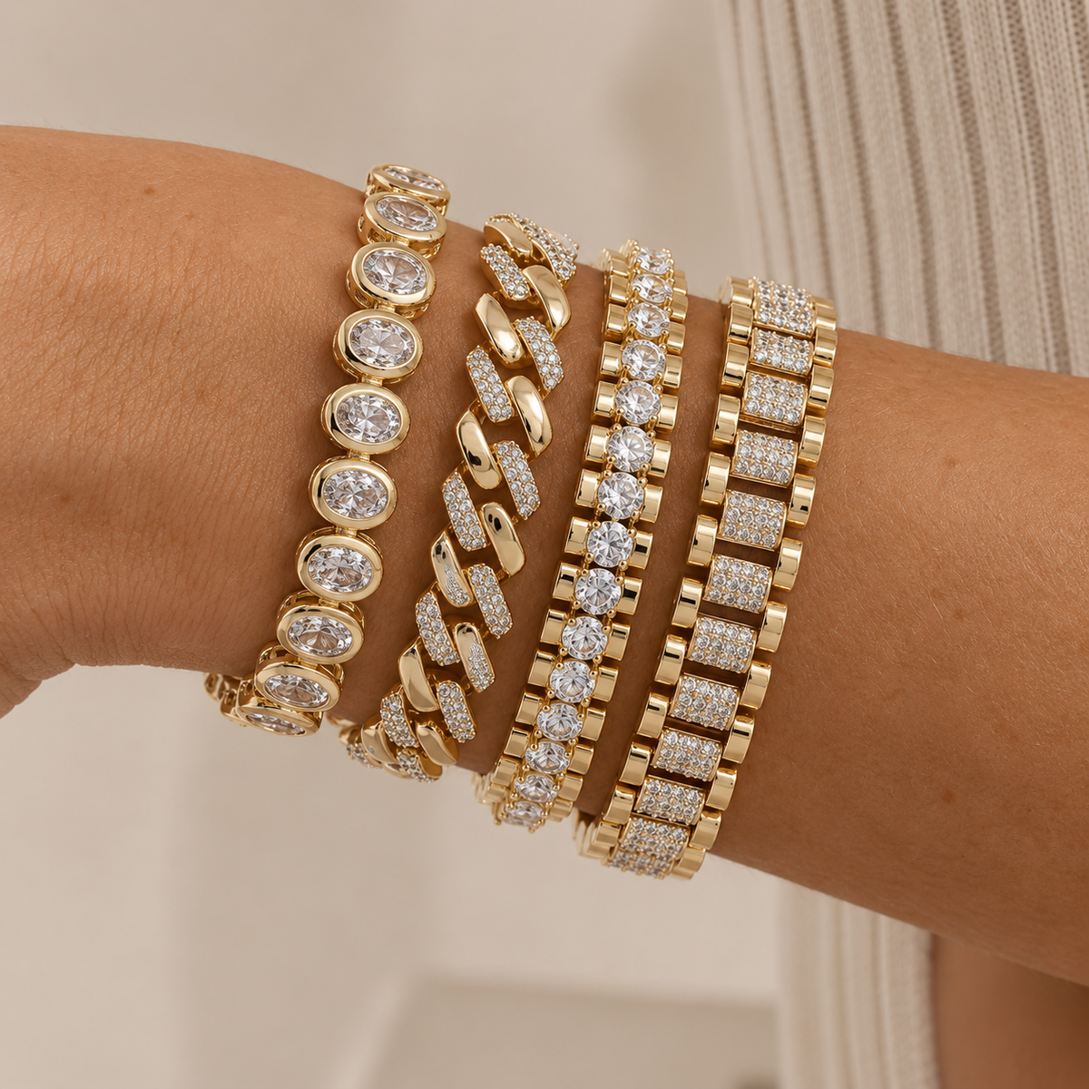 Gold Chunky Cubic Zirconia Adjustable Bracelet Set