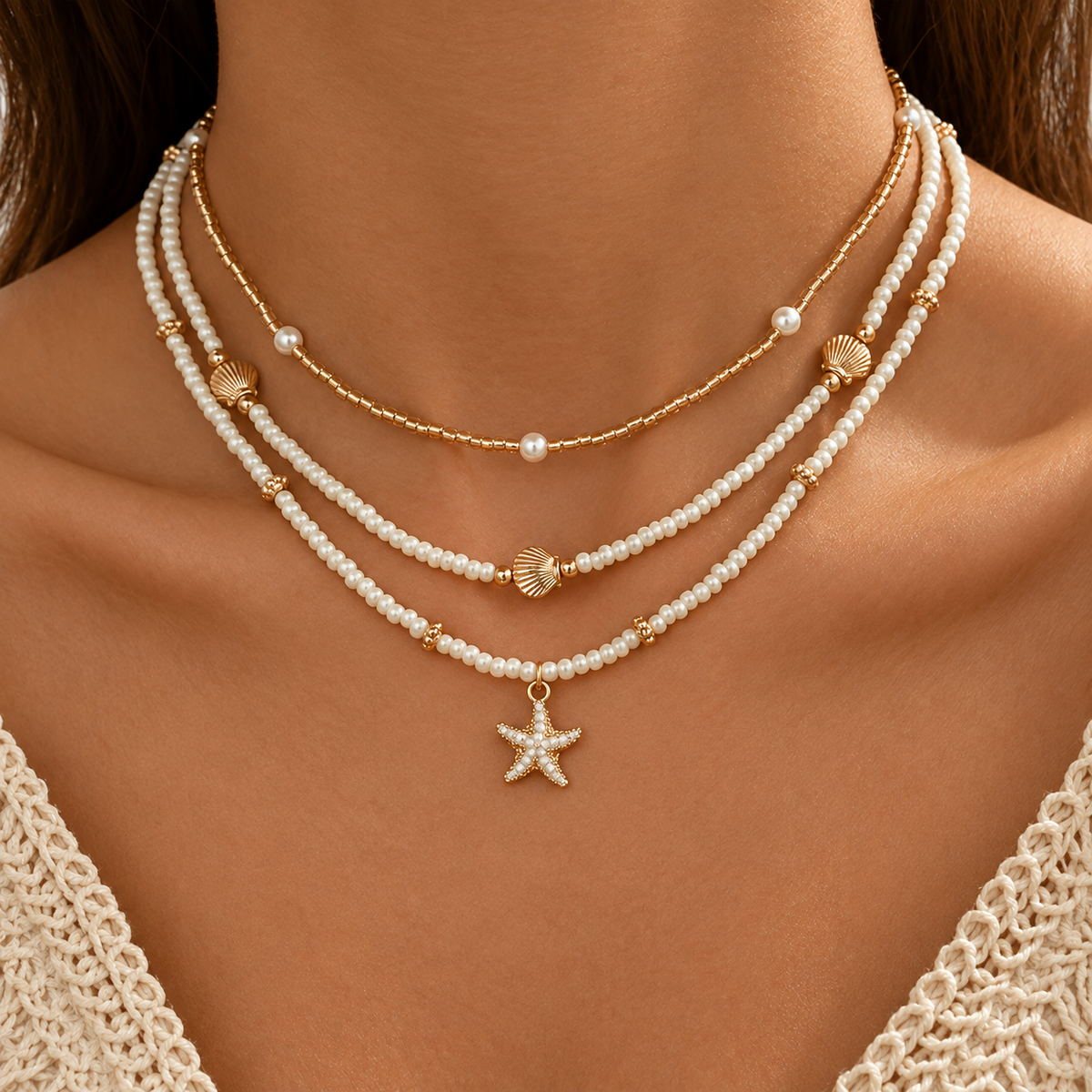 Collar de capas con cuentas de estrella de mar costera