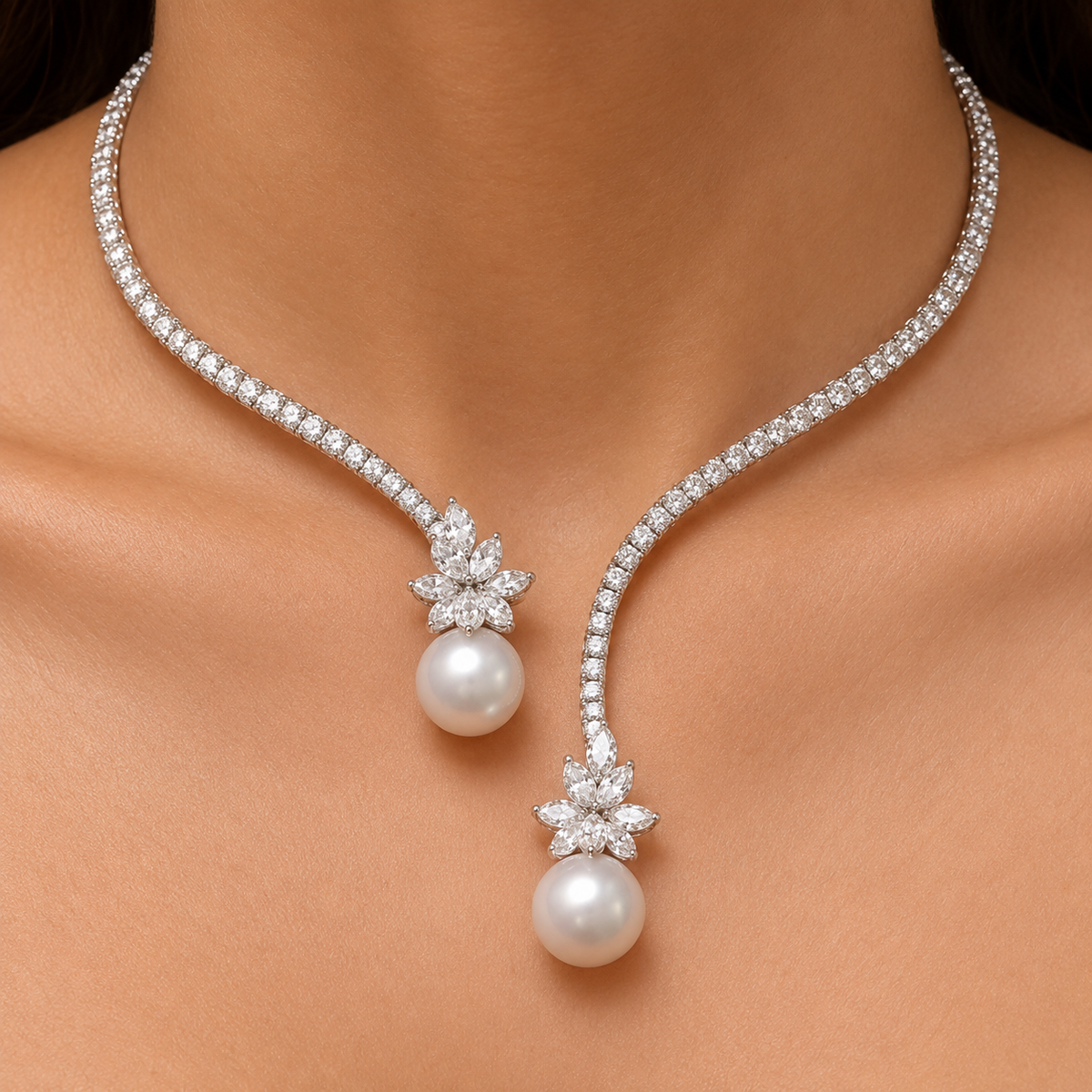 Collar de zafiros con perlas redondas y diseño abierto