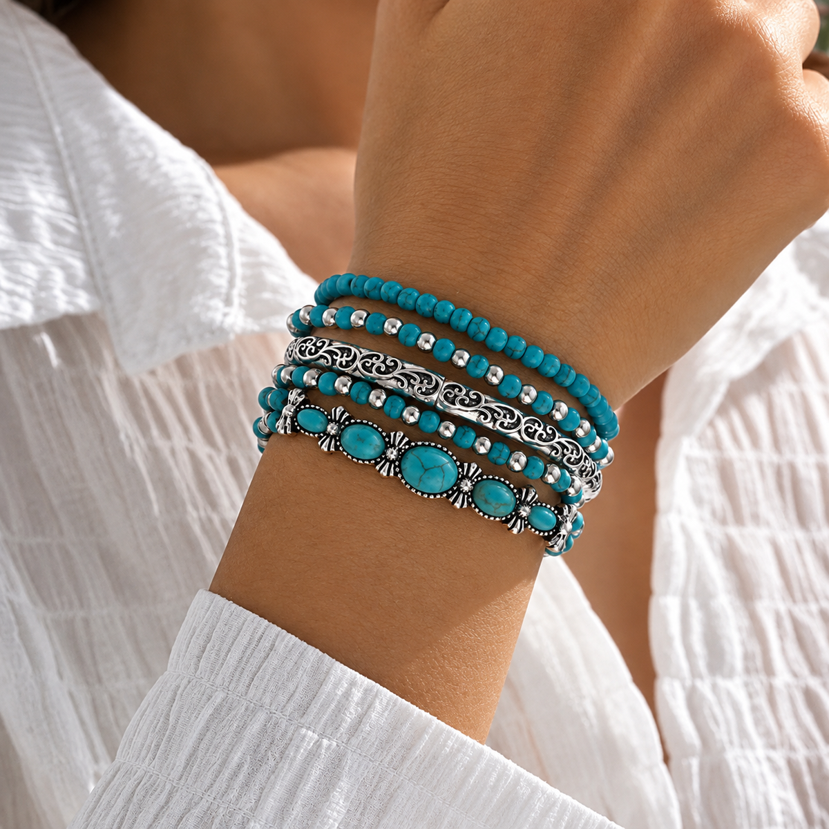 Turquoise Beaded Boho Bracelet Set