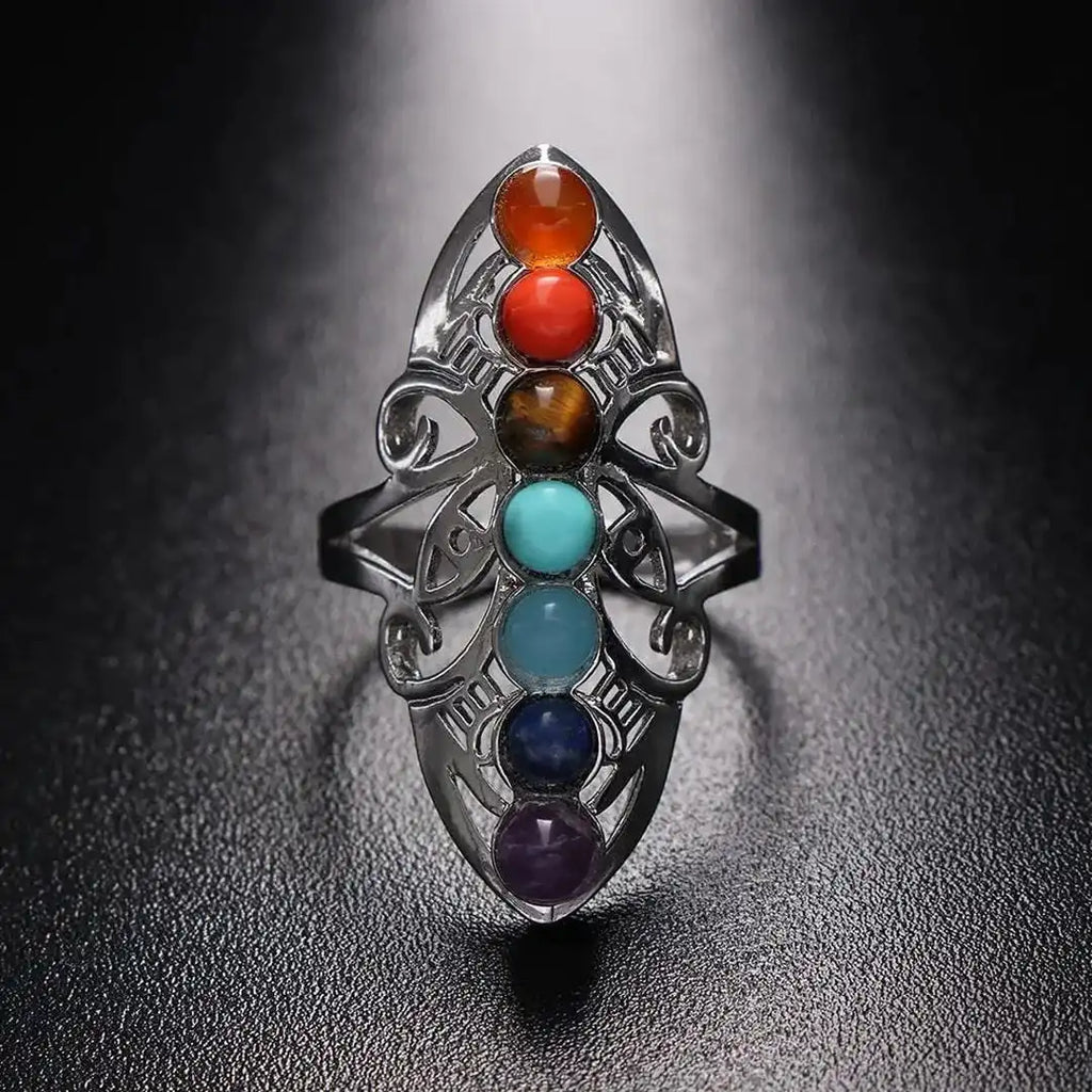 Anillo ajustable de plata con siete piedras de chakra