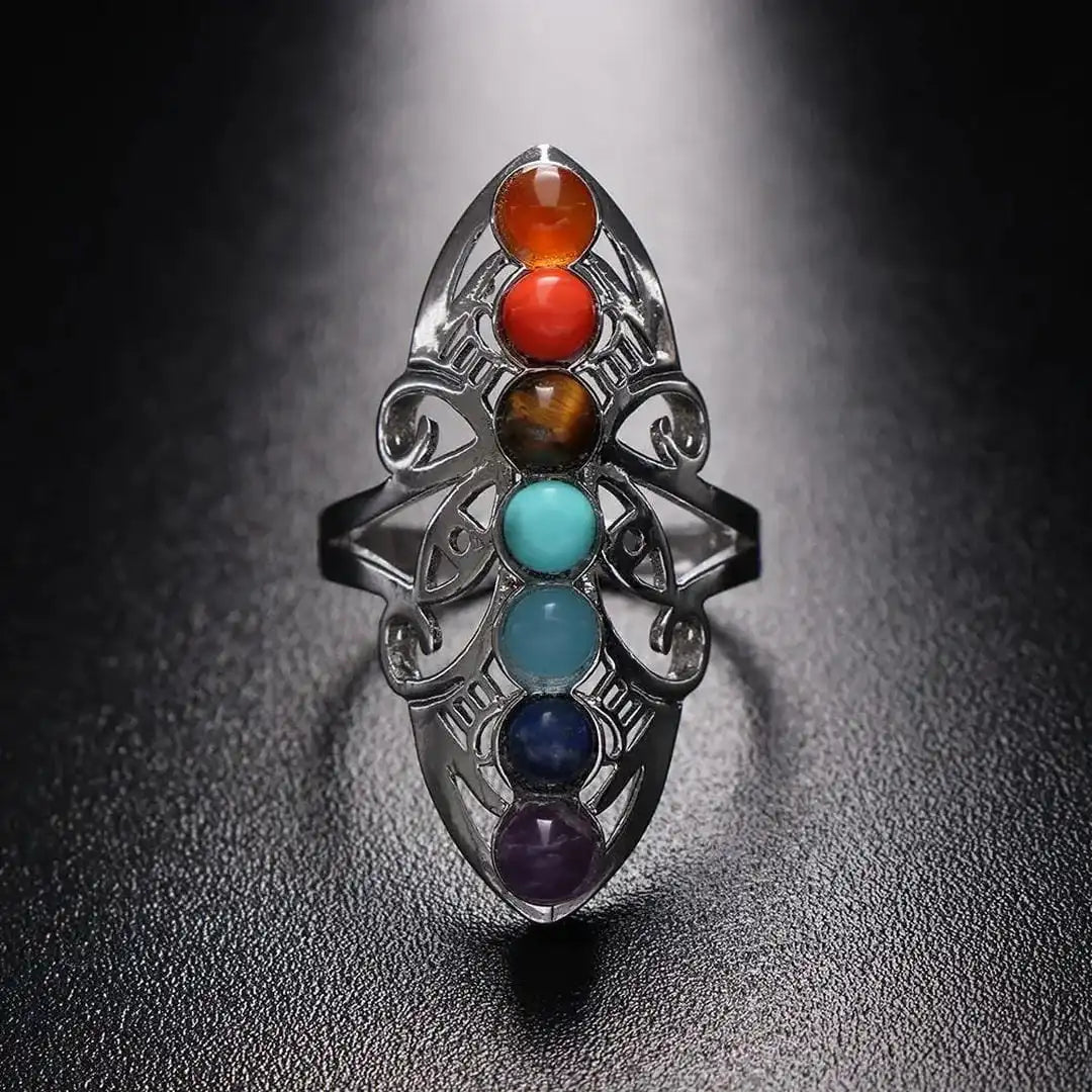Anillo ajustable de plata con siete piedras de chakra
