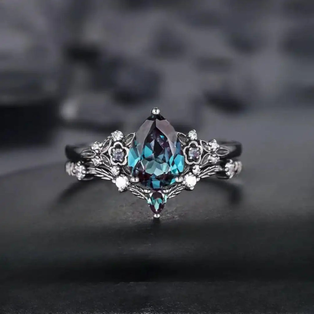 Juego de anillos de circonita de zafiro negro plomizo