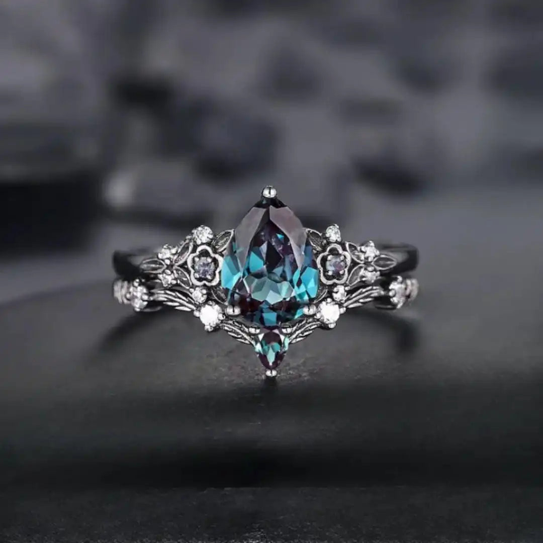 Juego de anillos de circonita de zafiro negro plomizo