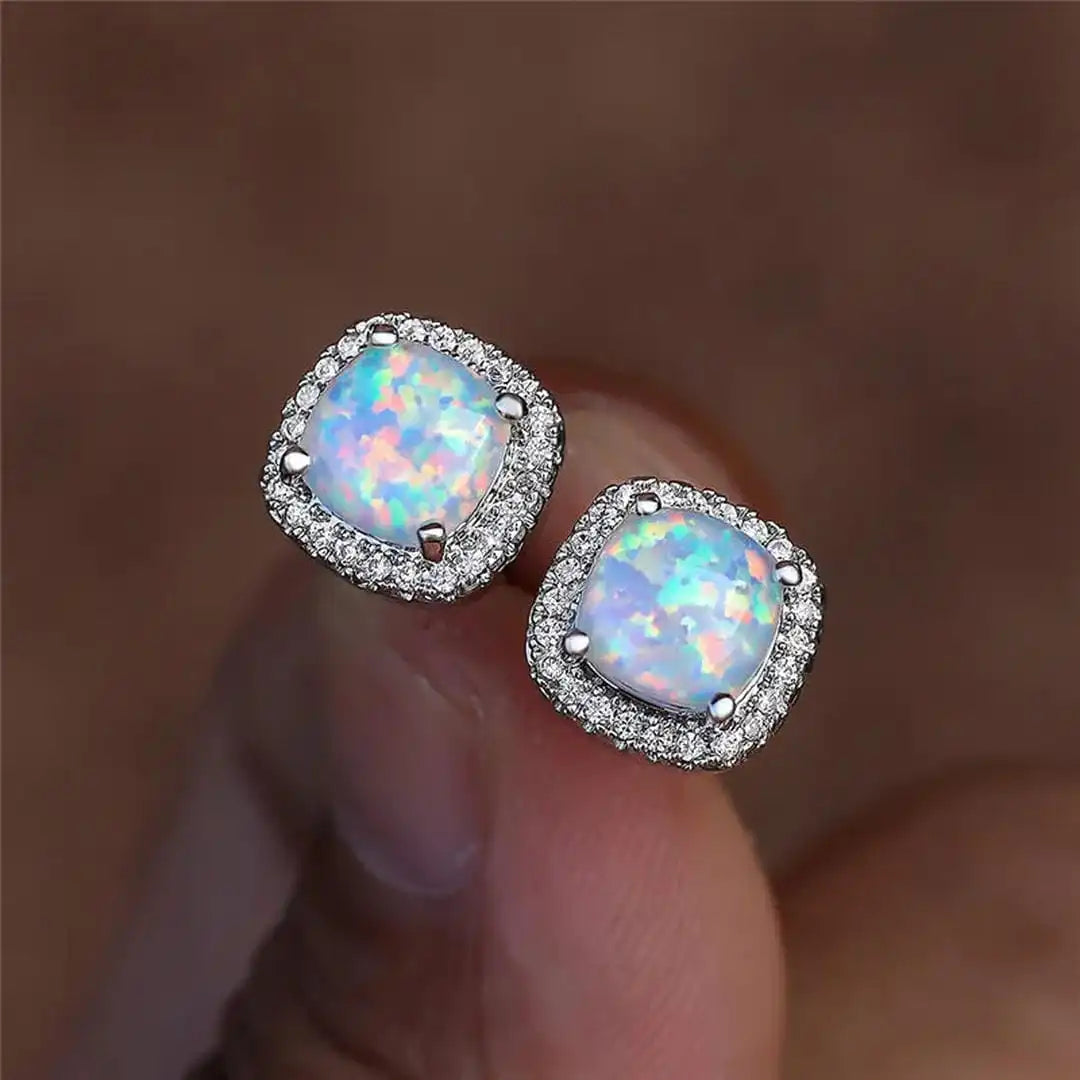 Elegantes Pendientes de Botón Redondos de Ópalo de Fuego Blanco y Plata