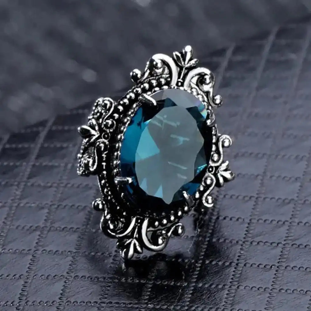 Anillo de circonita azul ovalado de plata vintage