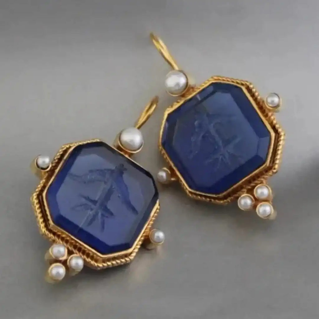 Pendientes colgantes elegantes vintage con perla y diseño geométrico
