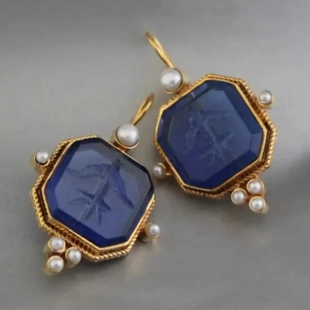 Pendientes colgantes elegantes vintage con perla y diseño geométrico